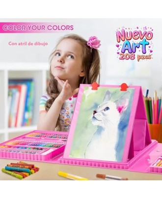Mega Kit de Desenho para Iniciantes com Cavalete, 208 Peças, Rosa