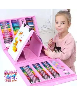 Mega Kit de Desenho para Iniciantes com Cavalete, 208 Peças, Rosa