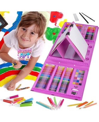 Mega Kit de Desenho para Iniciantes com Cavalete, 208 Peças, Rosa