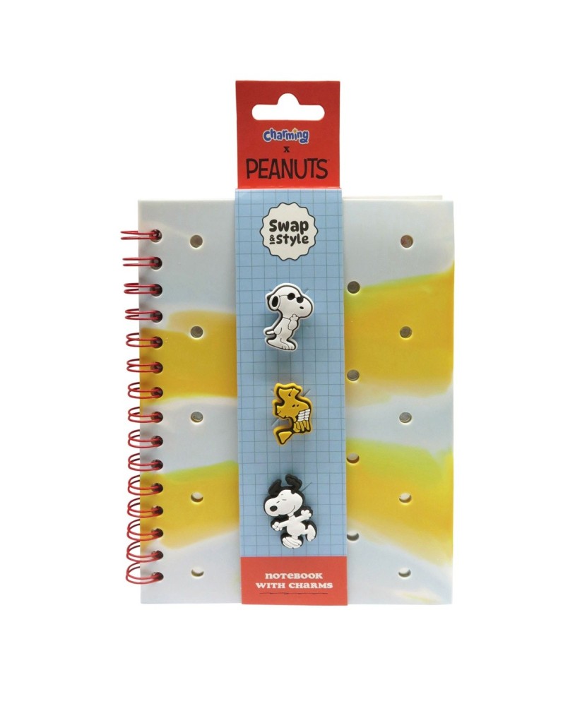 Caderno A5 Espiral Capa Silicone com Charms Peanuts Snoopy & Woodstock Pautado 80 Folhas 70g