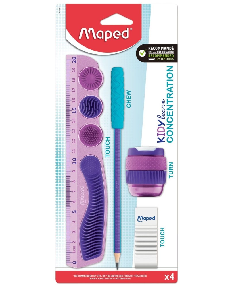Kit Maped Kidy Learn Concentration régua + lápis + borracha + afia
